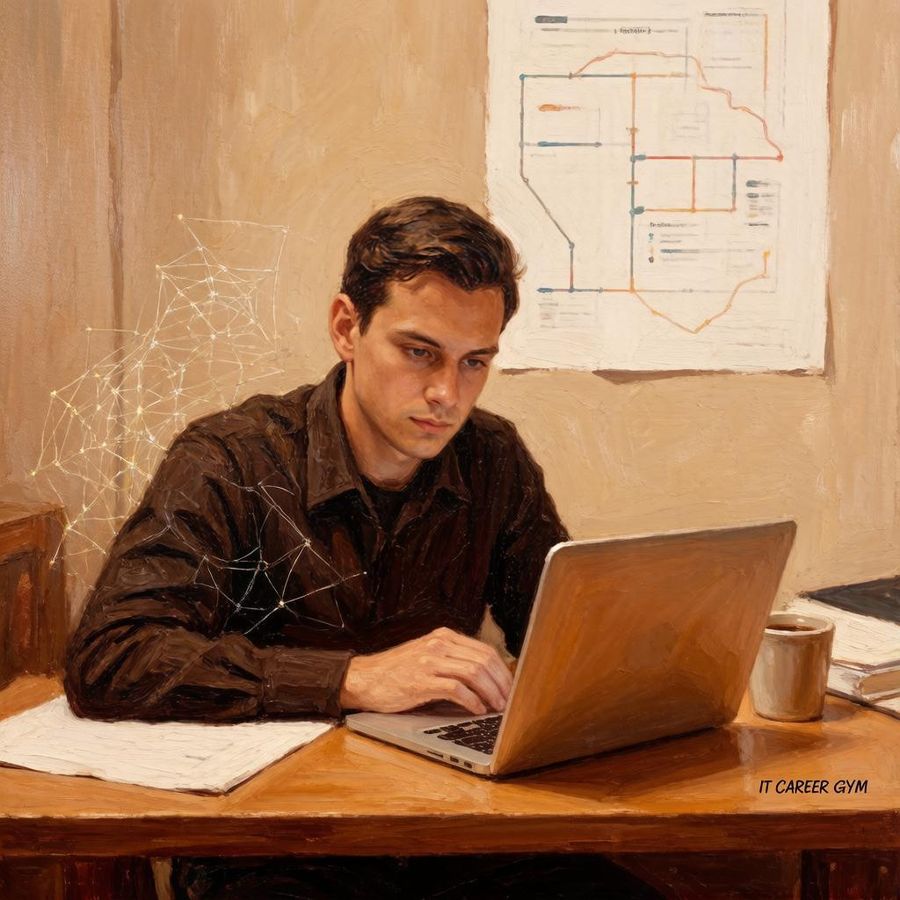 An engineer at a laptop in a warm room, a light graph of connected nodes beside him and a route diagram on the wall