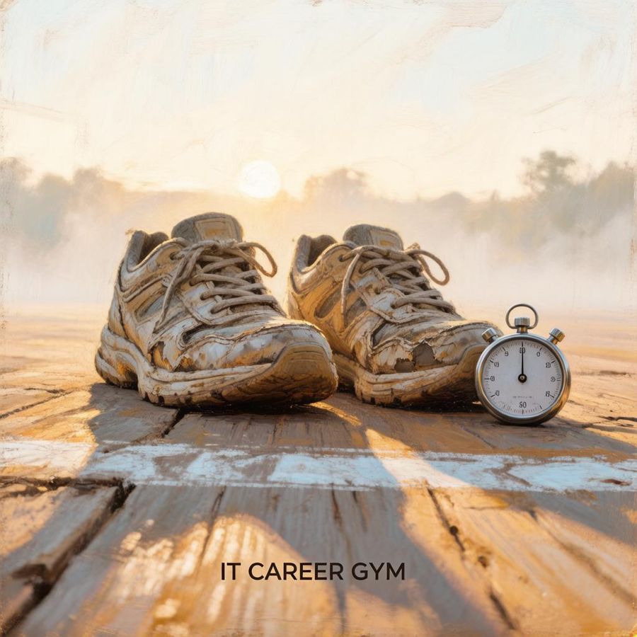 Worn running shoes on a wooden start line next to a stopwatch, morning fog behind