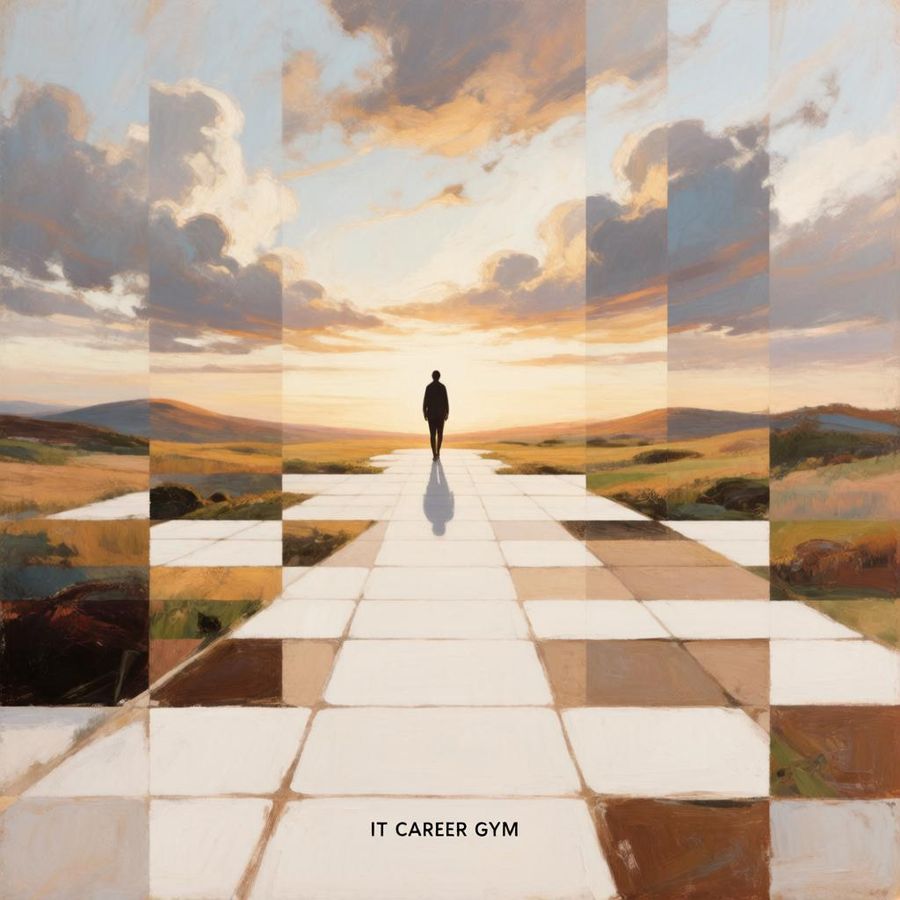 A lone figure walks along a tiled path toward a sunrise over hills, painted landscape panels on both sides