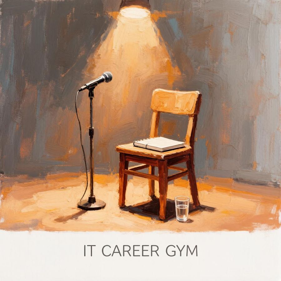 A microphone stand and an empty wooden chair with a notebook on it under a single spotlight