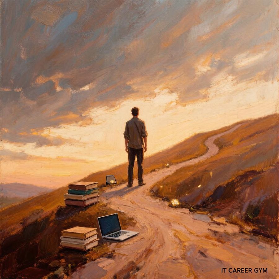 A man stands on a hillside road at sunset, stacks of books and an open laptop left on the ground beside him