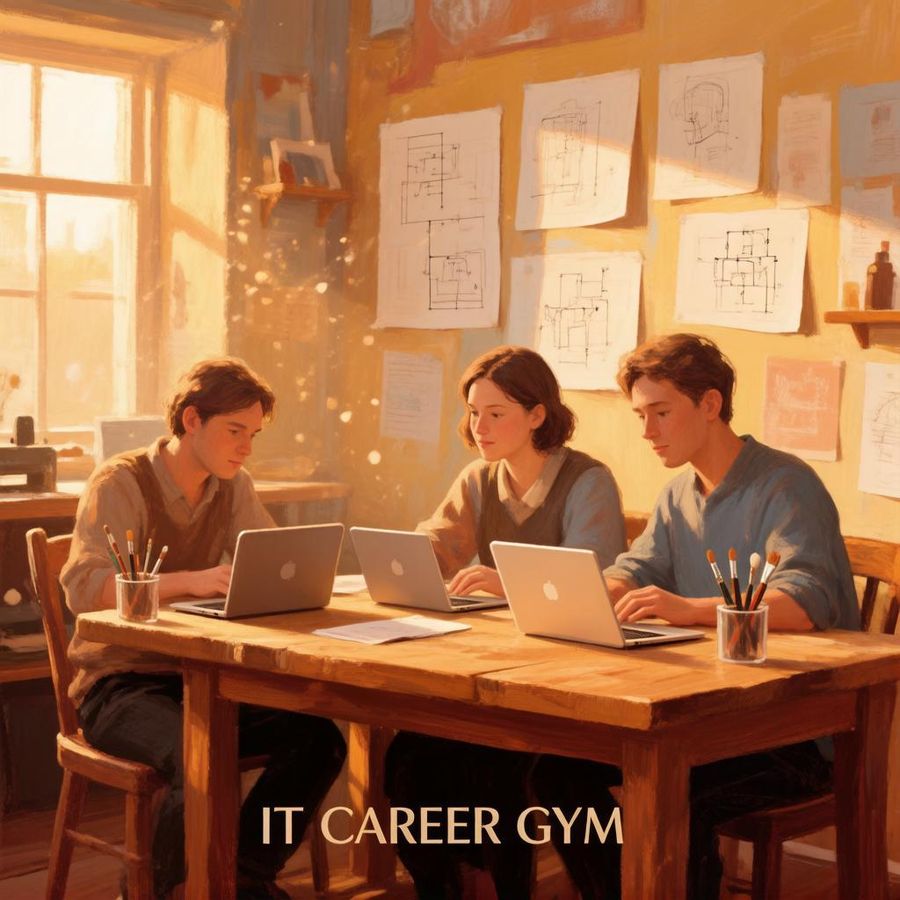 Three students at a wooden table with laptops, sketches and floor plans pinned on the wall behind them