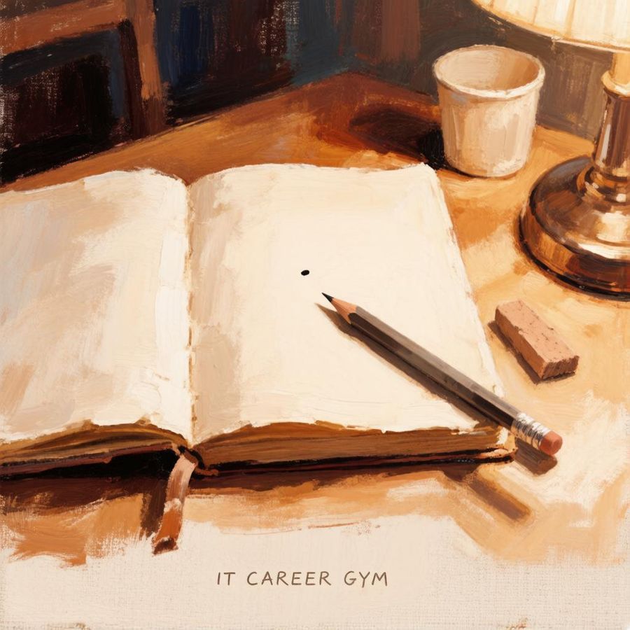 An open blank notebook with a single dot and a pencil on a desk under a lamp