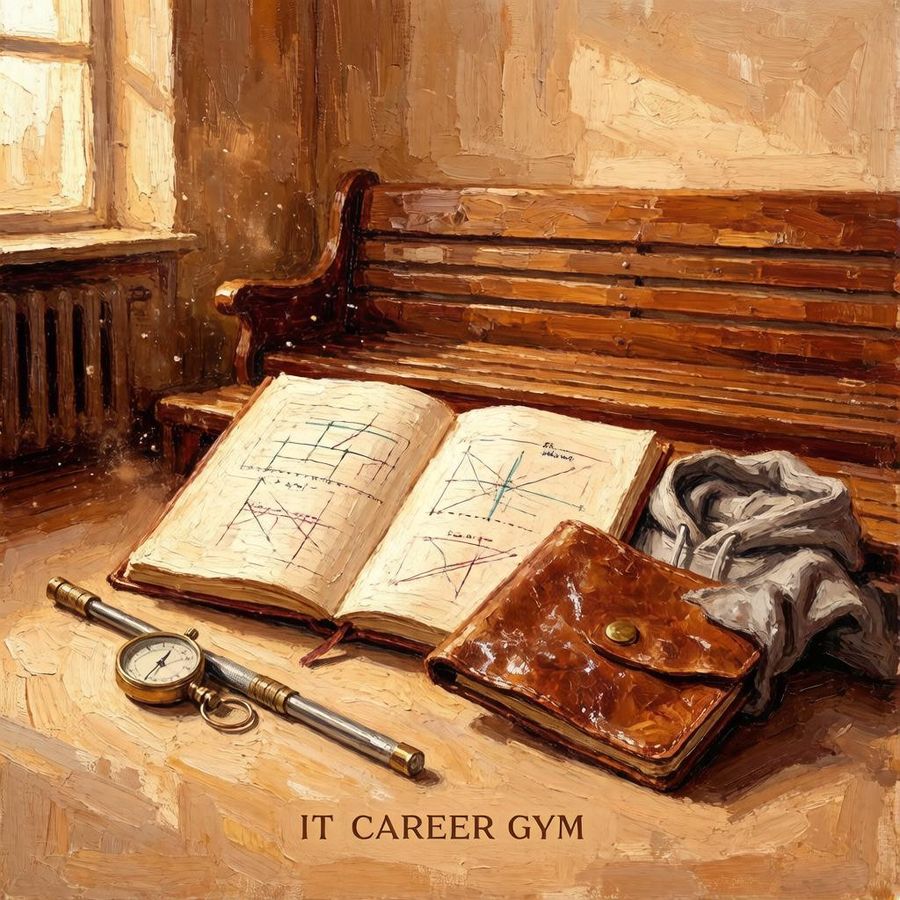 An open notebook full of diagrams on a gym bench next to a leather wallet, a stopwatch and a towel