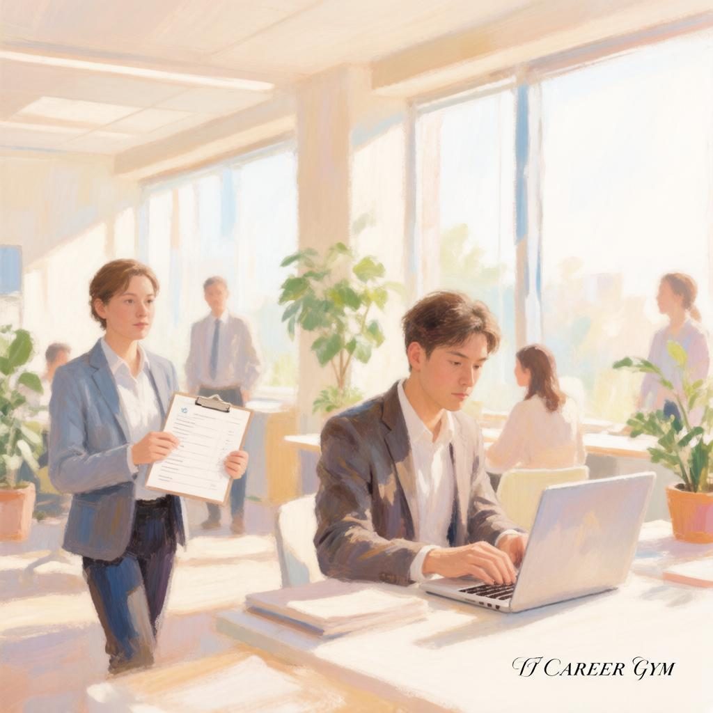 Oil painting of a sunlit office: a woman with a clipboard stands beside a man typing on a laptop. IT Career Gym