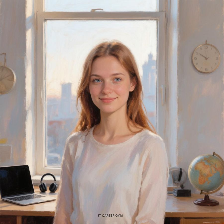 A smiling woman stands by a window over a city, a laptop and headphones on the desk and a globe beside her