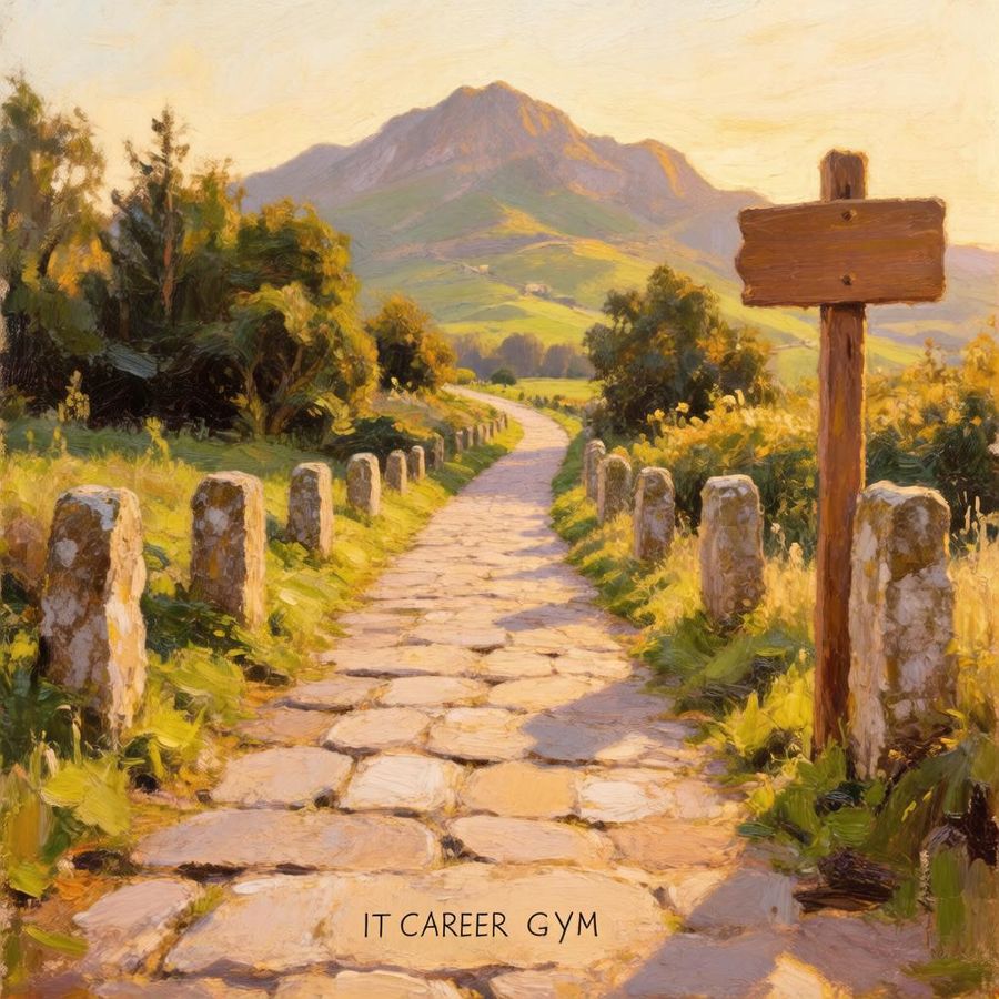 A stone path between rows of standing stones leads to a mountain, a blank wooden signpost on the right
