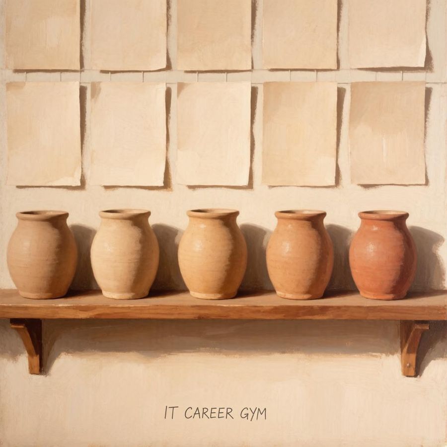 Five clay pots on a wooden shelf under blank sheets, one pot redder than the rest
