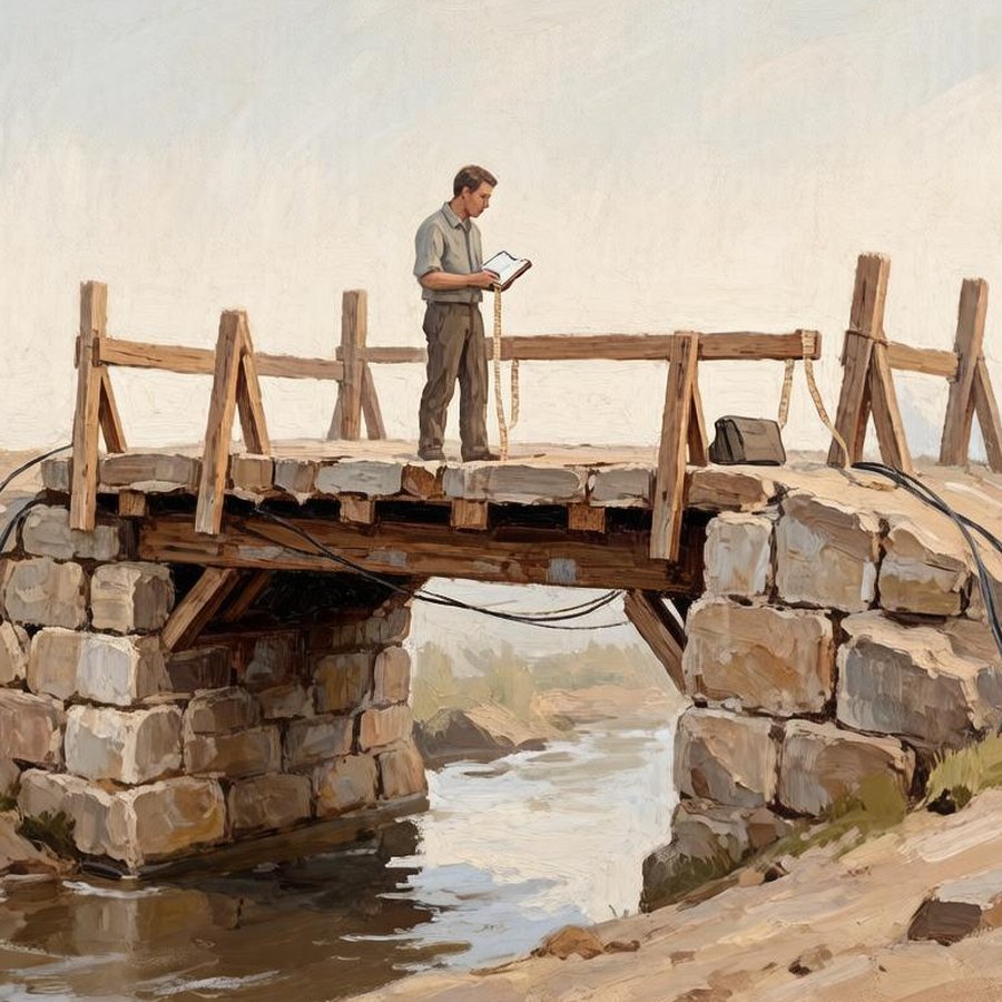 A man reads a notebook on a patched wooden bridge over old stone piers, cables hanging along its sides