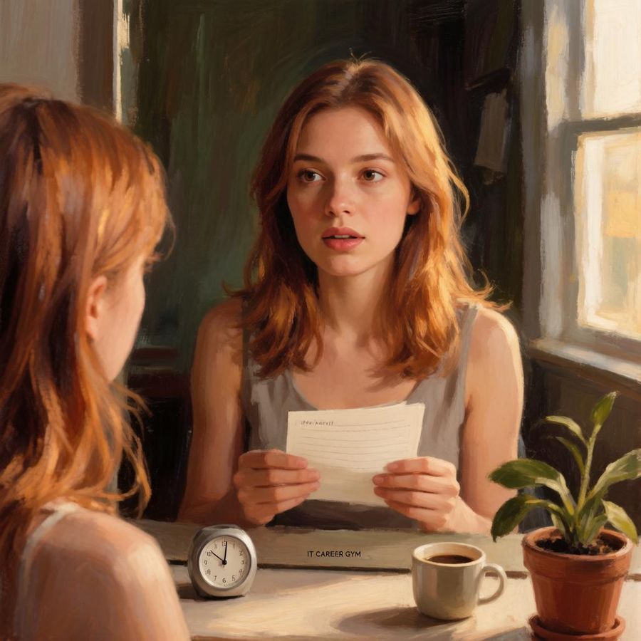 A woman rehearses an answer from a note card in front of a mirror, a small clock and a cup of coffee on the table
