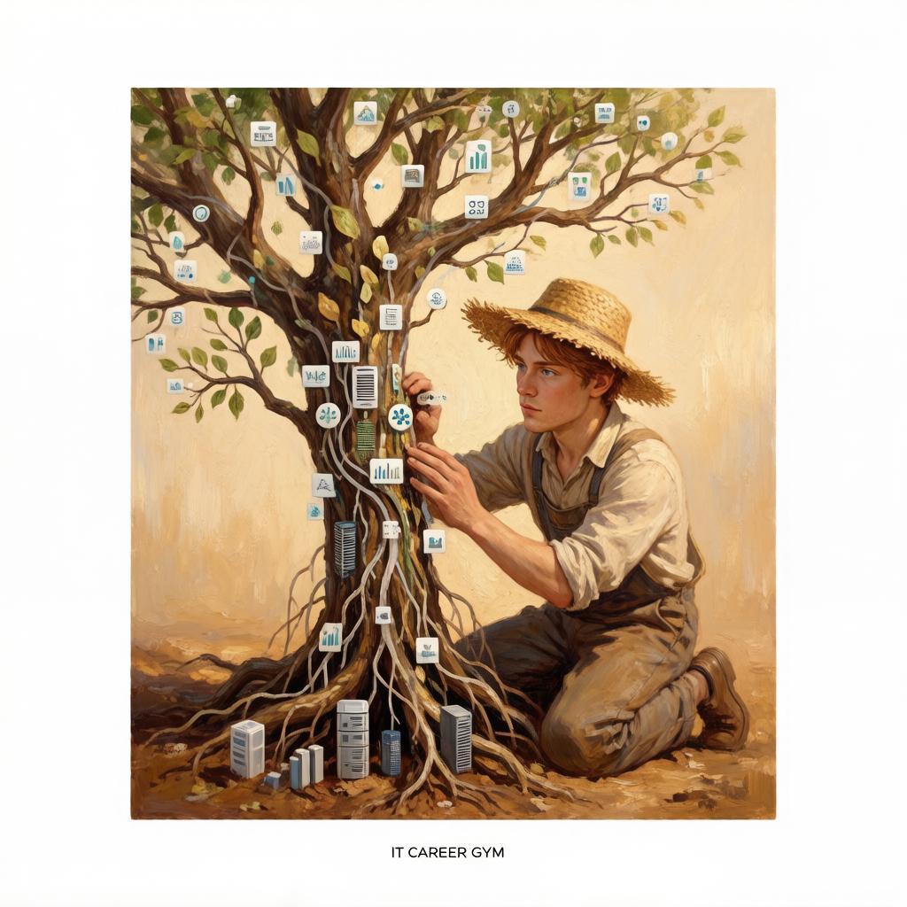 Gardener tending a tree whose leaves are data charts and whose roots reach server racks; IT Career Gym